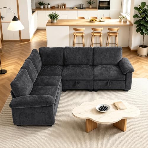 85'' Modular Sectional Sleeper Sofa, L Shape Pull Out Sofa Bed with Storage