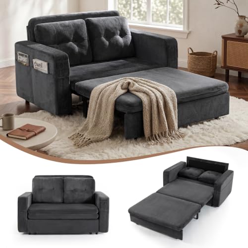 52" Sleeper Convertible Sofa Bed Couch, 3-in-1 Pull Out Couches for Living Room, with 2 Pillows, 6 Side Pockets, Easy Assembly, Grey