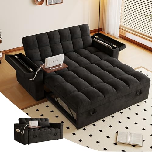 3-in-1 Convertible Pull Out Sofa Bed, 65" Loveseat Sleeper Sofas with Pullout Couch Bed with Adjustable Backrest, Side Table & Storage Armsfor Living Room