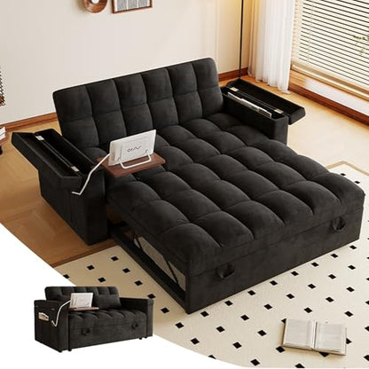 3-in-1 Convertible Pull Out Sofa Bed, 65" Loveseat Sleeper Sofas with Pullout Couch Bed with Adjustable Backrest, Side Table & Storage Armsfor Living Room