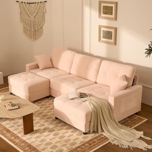 112" U Shaped Modular Cloud Sectional Couch, Waffle Fabric, Oatmeal Beige