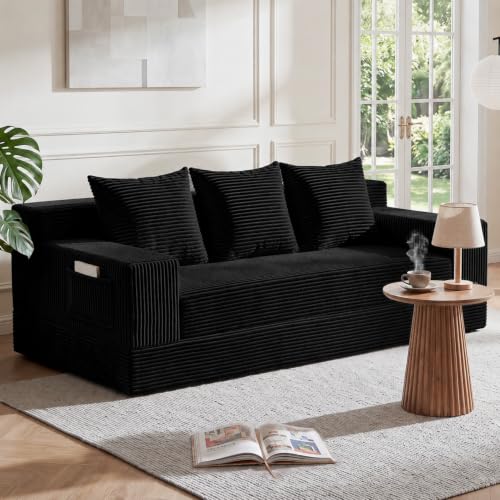 Boneless Couch for Living Room, 3 Seater Convertible Sofa Bed in Box, Black