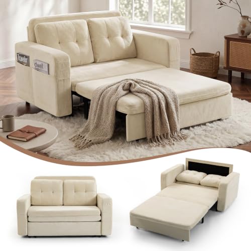 52" Sleeper Convertible Sofa Bed Couch, 3-in-1 Pull Out Couches for Living Room, with 2 Pillows, 6 Side Pockets, Easy Assembly, Grey