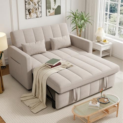 Nebuaegis Sleeper Sofa Bed,3-in-1 Convertible Pull Out Couch with Adjustable Backrest for Living Room,Loveseat Sofa Bed with Side Pockets,Easy Assembly,Beige,1 PCS