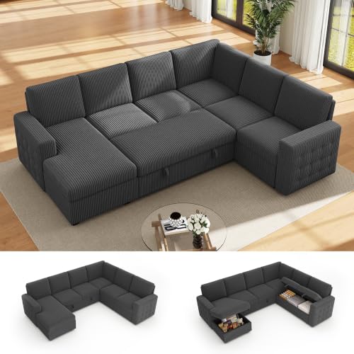 104" Sectional Sleeper Sofa Bed, 7 Seat Pull Out Couch with Storage, Gray