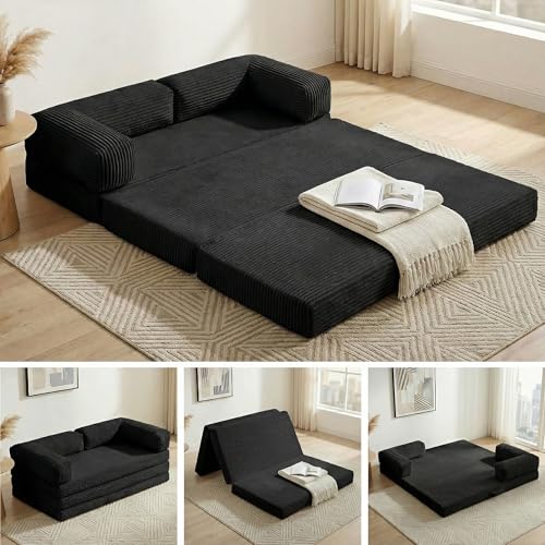 Convertible Sofa Bed Queen,5-in-1 Tri-Fold Boneless Couch with Removable Armrests & Handle,Corduroy Futon Sleeper Sofa,Floor Folding Mattress Pull Out Bed for Small Space Living Room Bedroom,Black