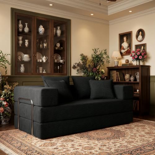 Convertible Futon Sofa Bed - Boneless Couch for Living Room with High Backrest - Futon Sleeper Sofa with Reinforced Anti-Wobble Support Frame - Modular Pull Out Couch No Assembly,Forest Green