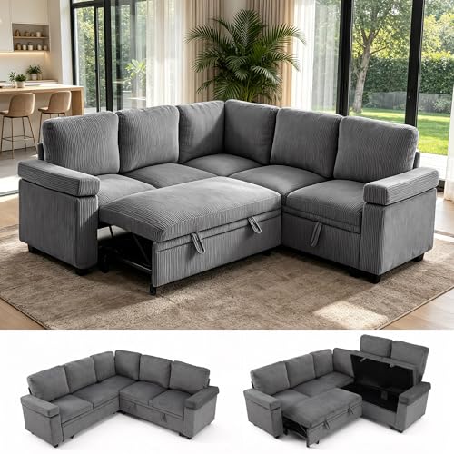 86" Modular Sectional Sleeper Sofa with Pull Out Bed, Sleeper Couch, Gray