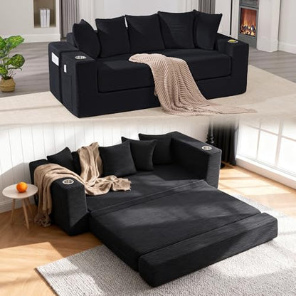 76" Convertible Sofa Bed, Corduroy Boneless Couch with Cup Holders & Pocket
