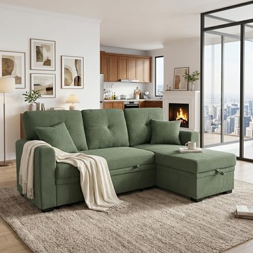 L-Shaped Pull Out Sofa Bed with Storage, 3-Seater Reversible Chaise Sleeper Couch for Small Spaces & Living Room