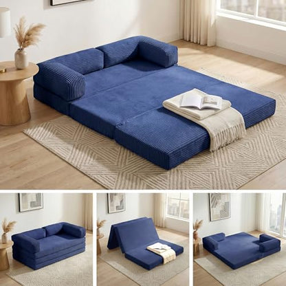 Convertible Sofa Bed Queen,5-in-1 Tri-Fold Boneless Couch with Removable Armrests & Handle,Corduroy Futon Sleeper Sofa,Floor Folding Mattress Pull Out Bed for Small Space Living Room Bedroom,Black