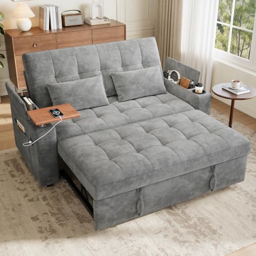 86” Extended Convertible Sofa Bed, Loveseat Sleep Sofa with USB Ports, Pull Out Couch with 6-Position Adjustable Backrest, Corduroy Couch Bed with Side Pockets for Living Room, Dark Grey
