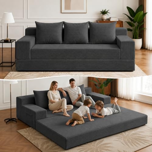 2 in 1 Convertible Boneless Couch Bed, Corduroy futon Sofa Bed, Compression Folding Floor Couch Sofas Bed with 3 Pillows for Bedroom, Small Space Guest and Living Room Sofa (Black, 78 Inches)
