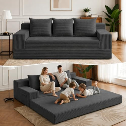 2 in 1 Convertible Boneless Couch Bed, Corduroy futon Sofa Bed, Compression Folding Floor Couch Sofas Bed with 3 Pillows for Bedroom, Small Space Guest and Living Room Sofa (Black, 78 Inches)