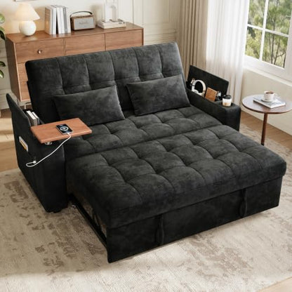 86” Extended Convertible Sofa Bed, Loveseat Sleep Sofa with USB Ports, Pull Out Couch with 6-Position Adjustable Backrest, Corduroy Couch Bed with Side Pockets for Living Room, Dark Grey
