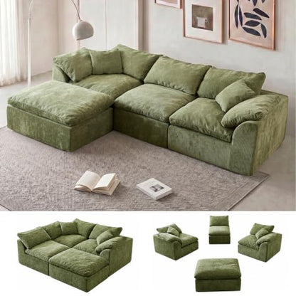 110" Boneless Cloud Couch Sectional for Living Room, Oversized Modular L Shaped Sofa with Ottoman, Deep Seat Chenille Sectional Couch for Cloud-Like Comfort (Pearl White)