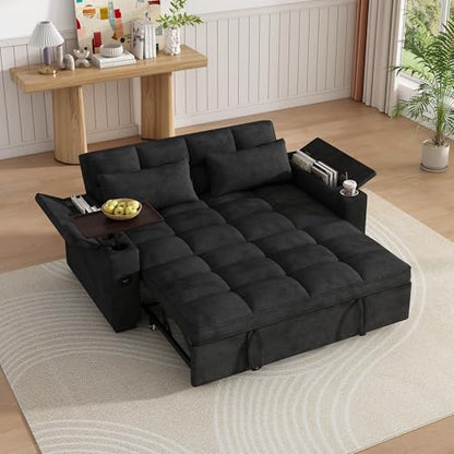 KEIKI 65" 3-in-1 Pull-Out Sofa Bed, Compact Convertible Sleeper Couch with Rotating Side Table, USB Charging Ports, Storage Armrests & Adjustable Comfort for Guests & Small Living Rooms