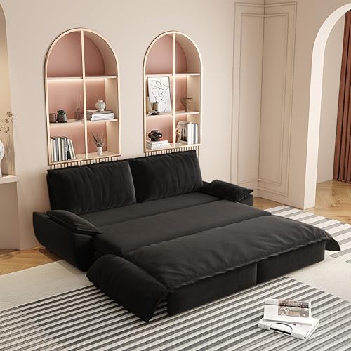 KEIKI 73.2" Queen Convertible Sofa Bed, 3-in-1 Pull-Out Futon Couch with Chaise Lounge Comfort, Soft Velvet Cloud Loveseat for Home Theater, Gaming Lounge, Entertainment Room & Living Space Seating
