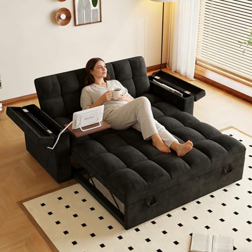 KEIKI 65" 3-in-1 Pull-Out Sofa Bed, Compact Convertible Sleeper Couch with Rotating Side Table, USB Charging Ports, Storage Armrests & Adjustable Comfort for Guests & Small Living Rooms