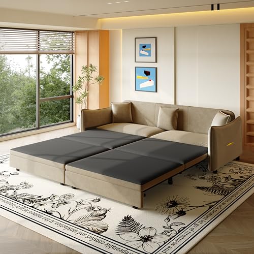 KEIKI 73.2" Queen Convertible Sofa Bed, 3-in-1 Pull-Out Futon Couch with Chaise Lounge Comfort, Soft Velvet Cloud Loveseat for Home Theater, Gaming Lounge, Entertainment Room & Living Space Seating