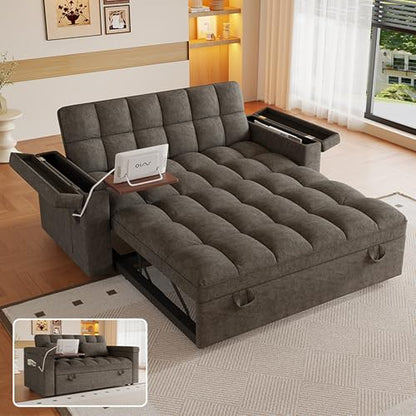 3-in-1 Convertible Pull Out Sofa Bed, 65" Loveseat Sleeper Sofas with Pullout Couch Bed with Adjustable Backrest, Side Table & Storage Armsfor Living Room