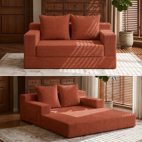2 in 1 Convertible Boneless Couch Bed, Corduroy futon Sofa Bed, Compression Folding Floor Couch Sofas Bed with 3 Pillows for Bedroom, Small Space Guest and Living Room Sofa (Black, 78 Inches)