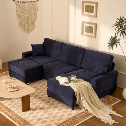 112" U Shaped Modular Cloud Sectional Couch, Waffle Fabric, Oatmeal Beige