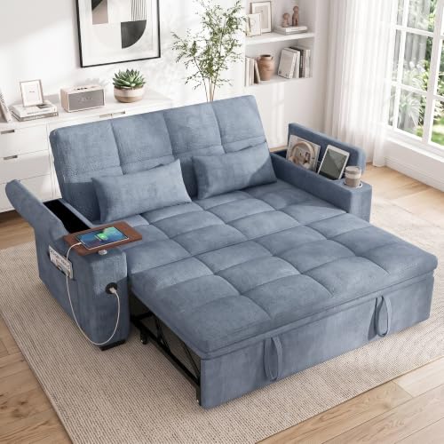 Dreamzie 65'' Convertible Sleeper Sofa Bed with Swivel Side Table, Chenille Pull Out Couch for Living Room, Loveseat Sleeper Couch with Hidden Storage Space | Charging Port | Cup Holders, Grey