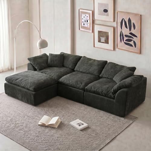 110" Boneless Cloud Couch Sectional for Living Room, Oversized Modular L Shaped Sofa with Ottoman, Deep Seat Chenille Sectional Couch for Cloud-Like Comfort (Pearl White)