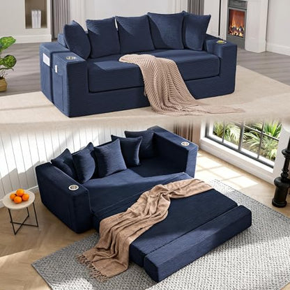 76" Convertible Sofa Bed, Corduroy Boneless Couch with Cup Holders & Pocket