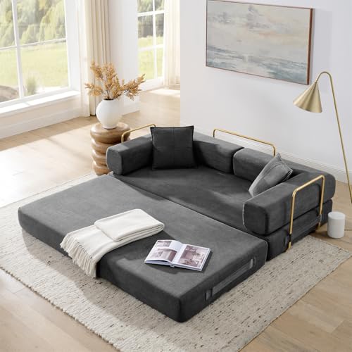 4-in-1 Folding Convertible Sofa Bed, 78 Inch Boneless Couch with Fixed-Shape Frame, Corduroy Loveseat Sleeper with Pull Out Bed, Floor Sofa Modular Futon Couch for Living Room Bedroom Lounge (Beige)