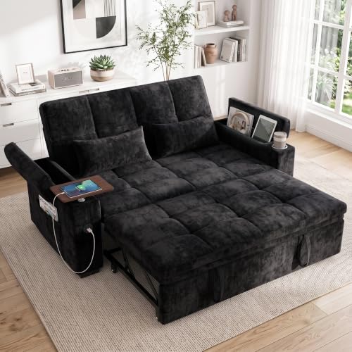 Dreamzie 65'' Convertible Sleeper Sofa Bed with Swivel Side Table, Chenille Pull Out Couch for Living Room, Loveseat Sleeper Couch with Hidden Storage Space | Charging Port | Cup Holders, Grey