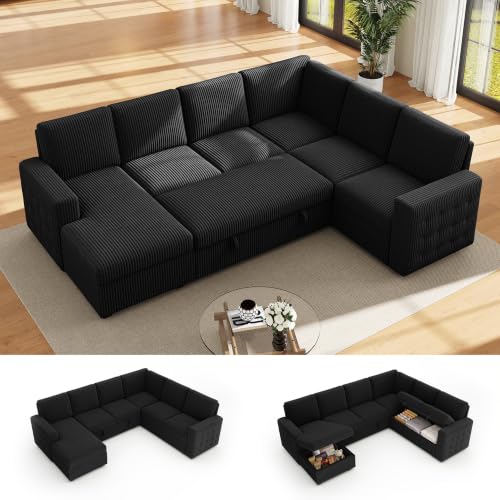 104" Sectional Sleeper Sofa Bed, 7 Seat Pull Out Couch with Storage, Gray