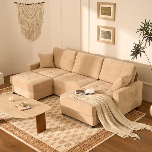 112" U Shaped Modular Cloud Sectional Couch, Waffle Fabric, Oatmeal Beige