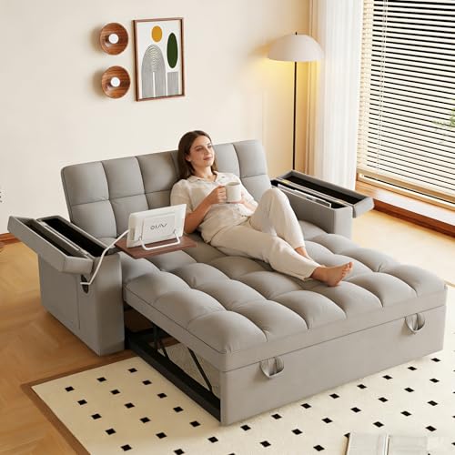 KEIKI 65" 3-in-1 Pull-Out Sofa Bed, Compact Convertible Sleeper Couch with Rotating Side Table, USB Charging Ports, Storage Armrests & Adjustable Comfort for Guests & Small Living Rooms