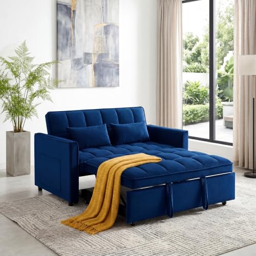 3 in 1 Convertible Sleeper Sofa Bed, 54'' Full Size Velvet Pull Out Futon Couch Recliner with Reclining Backrest & 2 Pillows, Small Loveseat Lounge Couches for Small Spaces (Black)