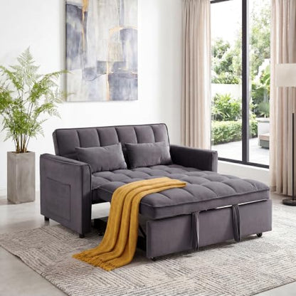 3 in 1 Convertible Sleeper Sofa Bed, 54'' Full Size Velvet Pull Out Futon Couch Recliner with Reclining Backrest & 2 Pillows, Small Loveseat Lounge Couches for Small Spaces (Black)