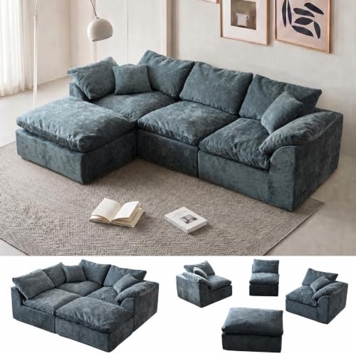 110" Boneless Cloud Couch Sectional for Living Room, Oversized Modular L Shaped Sofa with Ottoman, Deep Seat Chenille Sectional Couch for Cloud-Like Comfort (Pearl White)