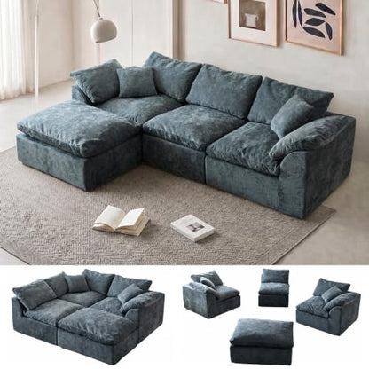 110" Boneless Cloud Couch Sectional for Living Room, Oversized Modular L Shaped Sofa with Ottoman, Deep Seat Chenille Sectional Couch for Cloud-Like Comfort (Pearl White)