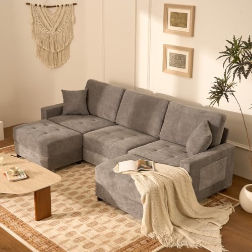 112" U Shaped Modular Cloud Sectional Couch, Waffle Fabric, Oatmeal Beige