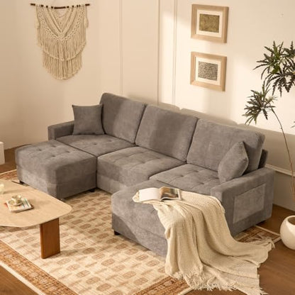 112" U Shaped Modular Cloud Sectional Couch, Waffle Fabric, Oatmeal Beige