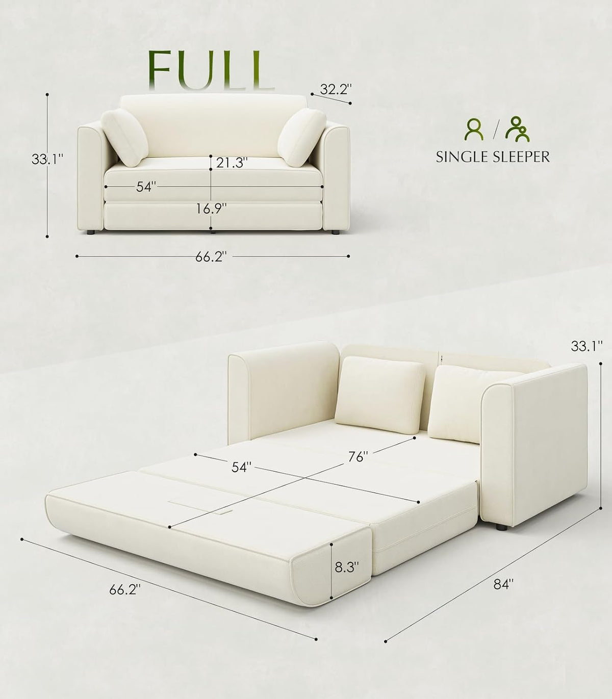 Loveseat Sleeper Sofa Bed 65" Convertible Couch Bed White