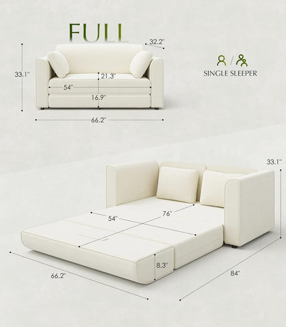 Loveseat Sleeper Sofa Bed 65" Convertible Couch Bed White