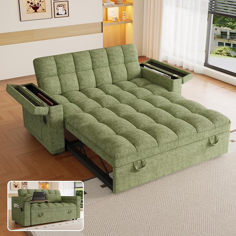 KEIKI 65" 3-in-1 Pull-Out Sofa Bed, Compact Convertible Sleeper Couch with Rotating Side Table, USB Charging Ports, Storage Armrests & Adjustable Comfort for Guests & Small Living Rooms
