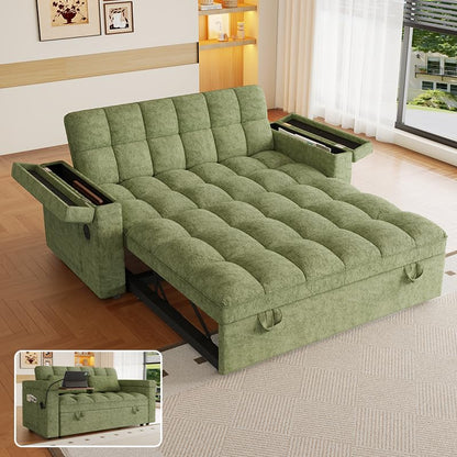 KEIKI 65" 3-in-1 Pull-Out Sofa Bed, Compact Convertible Sleeper Couch with Rotating Side Table, USB Charging Ports, Storage Armrests & Adjustable Comfort for Guests & Small Living Rooms