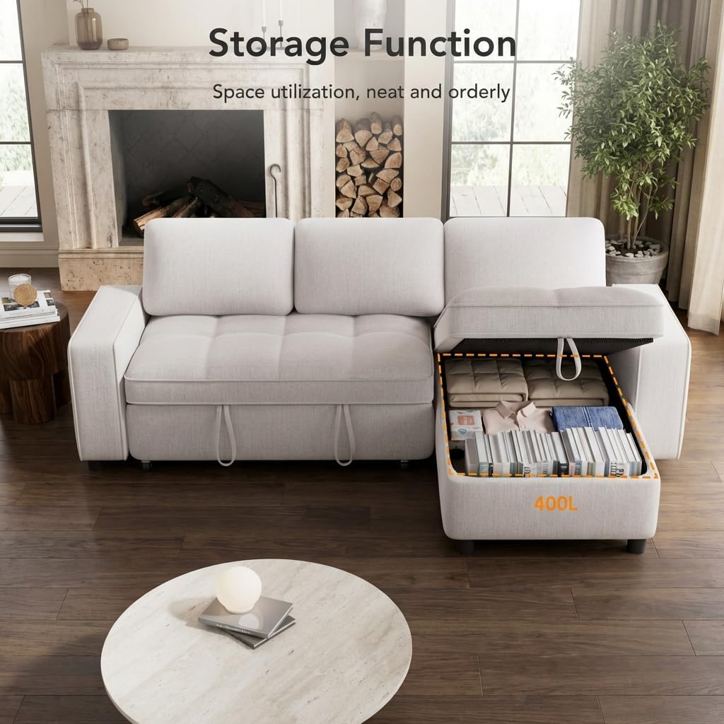 WEUP 81" Modular Sectional Sleeper Sofa Bed, Chenille L-Shaped Couch Bed with Adjustable Backrest, Pull Out Couch with Reversible Chaise Storage, USB Charging & Tool-Free Assembly, Beige