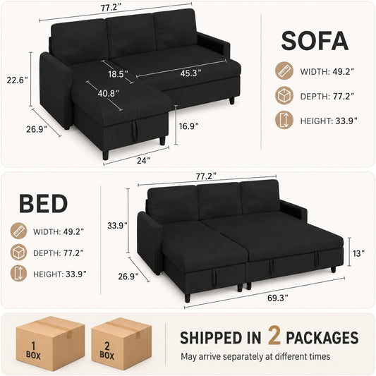 Walsunny 77 Inch Sectional Sleeper Sofa with Pull Out Bed, Modern L-Shaped Corduroy Convertible Couch with Storage Chaise, Reversible Sofa Bed for Small Spaces, Apartment, Black