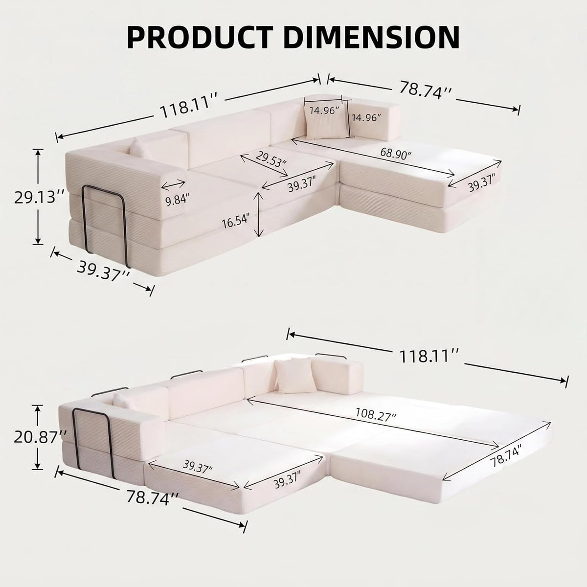 L Shaped Modular Sofa Bed, Modular Sectional Sofa with 8 Movable Cushions