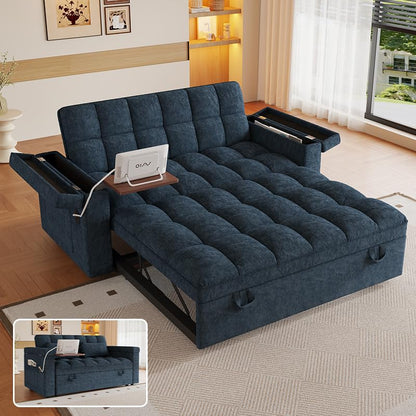 KEIKI 65" 3-in-1 Pull-Out Sofa Bed, Compact Convertible Sleeper Couch with Rotating Side Table, USB Charging Ports, Storage Armrests & Adjustable Comfort for Guests & Small Living Rooms