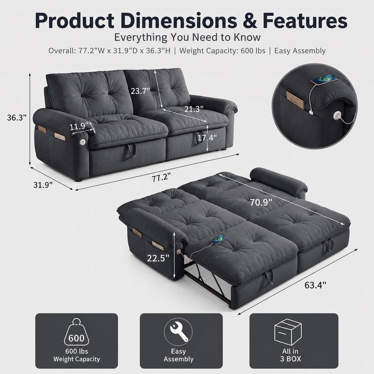 Queen Sleeper Sofa Bed, 77" Pull Out Couch